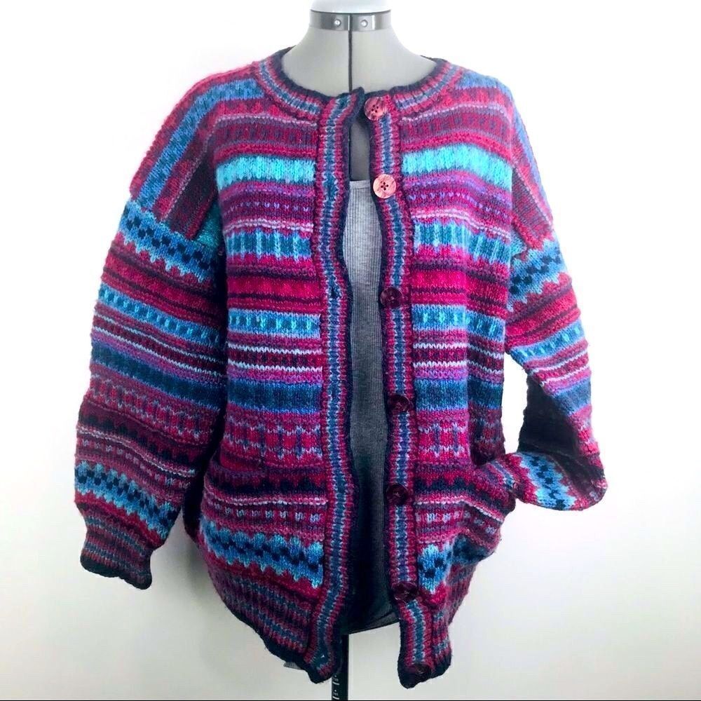 Handcrafted Artisan maroon and Blue Pattern Button Up Cardigan Sweater